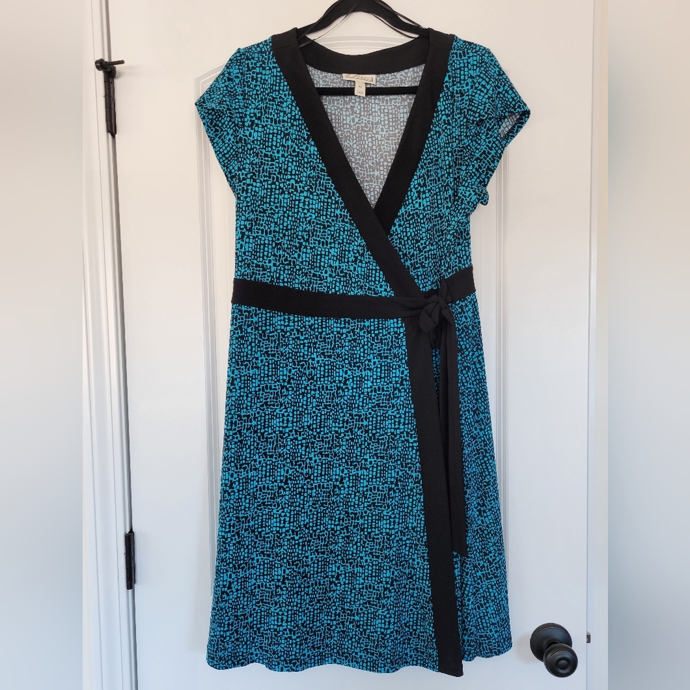 Dana Buchman Wrap Dress Size XL Aqua Blue and Black